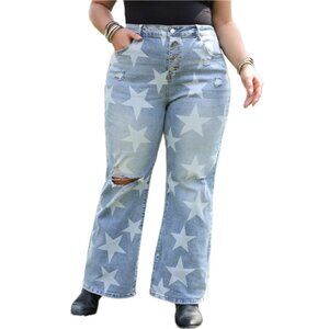💫 Sky Blue Star Print Distressed Slit Knee Jeans – Plus Size 1X